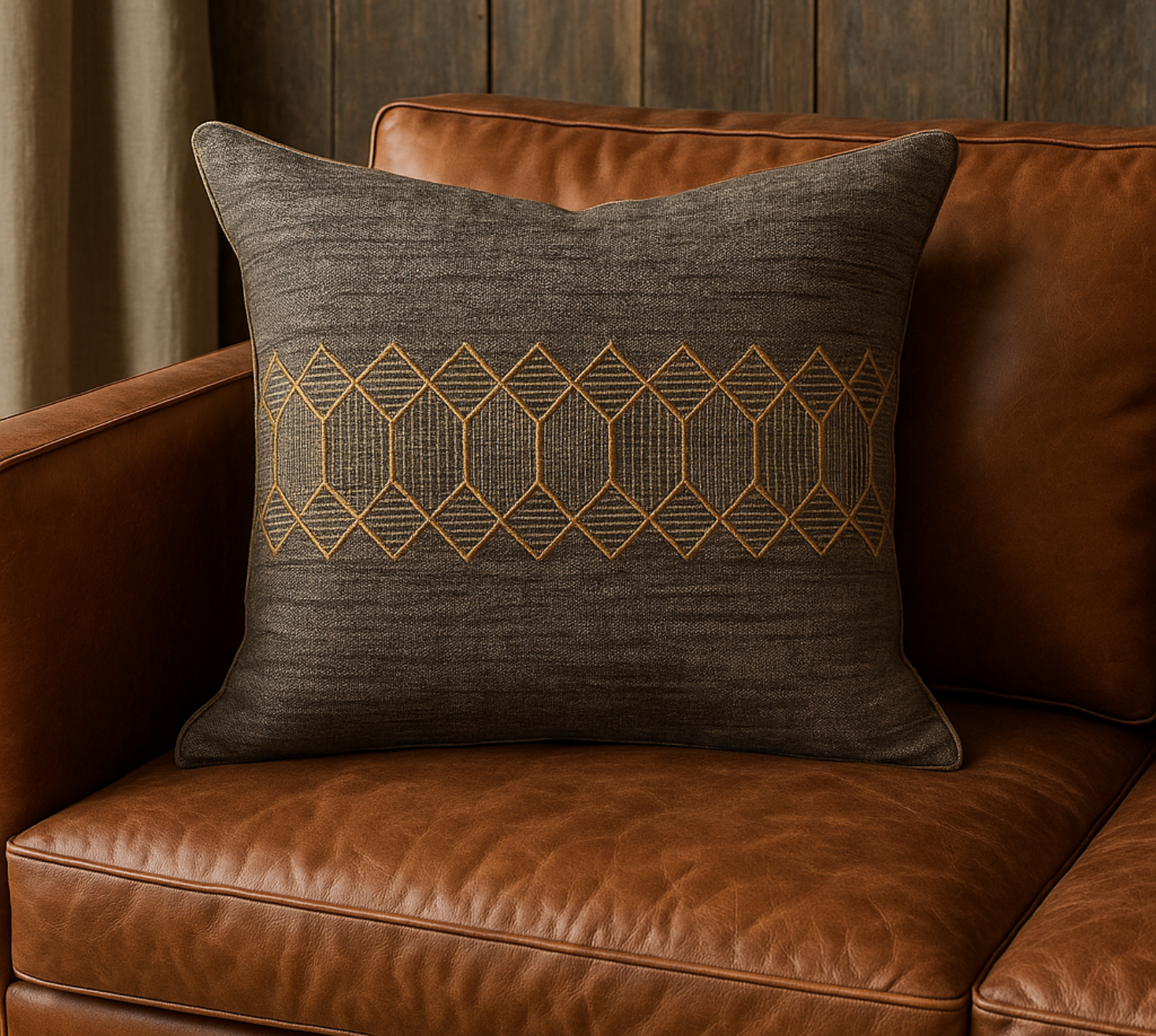 Copper Zari centre embroidery on Khadi cushion cover