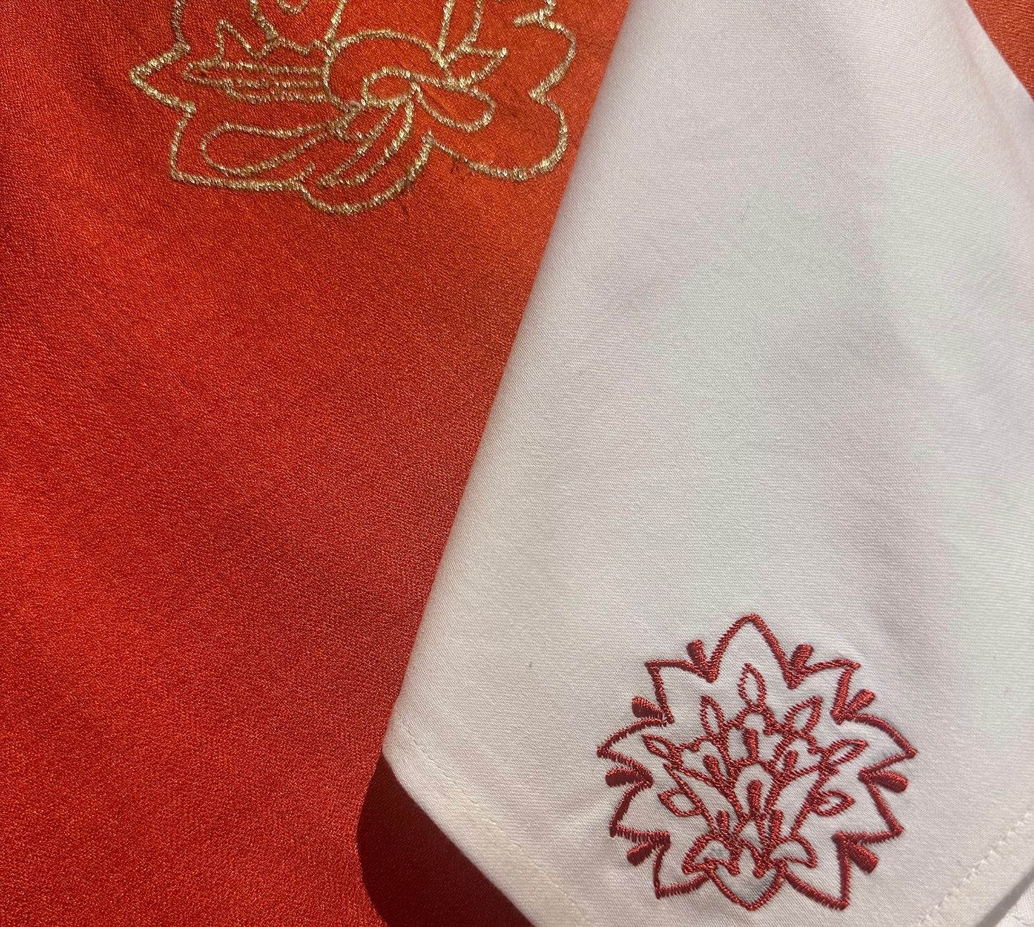 Scattered floral embroidered rust runner with a set of napkins