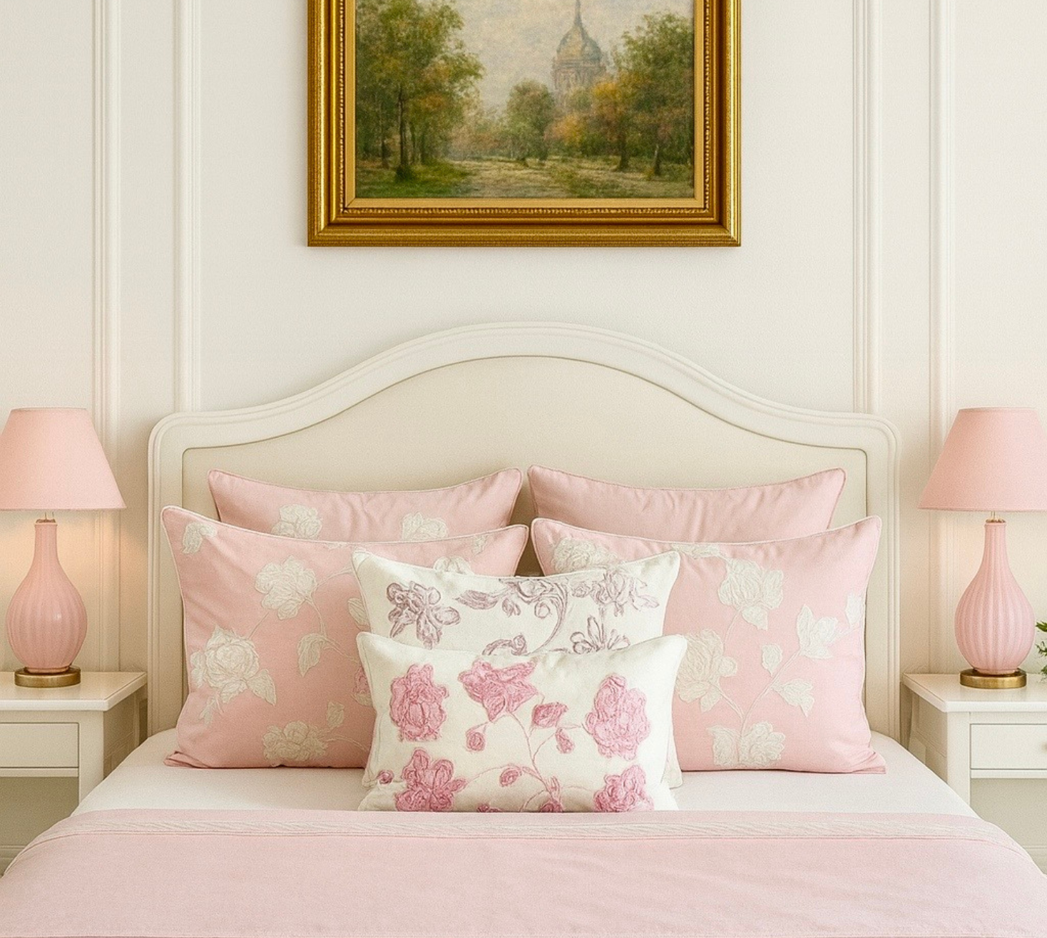 Blush pink and white floral embroidered duvet cover