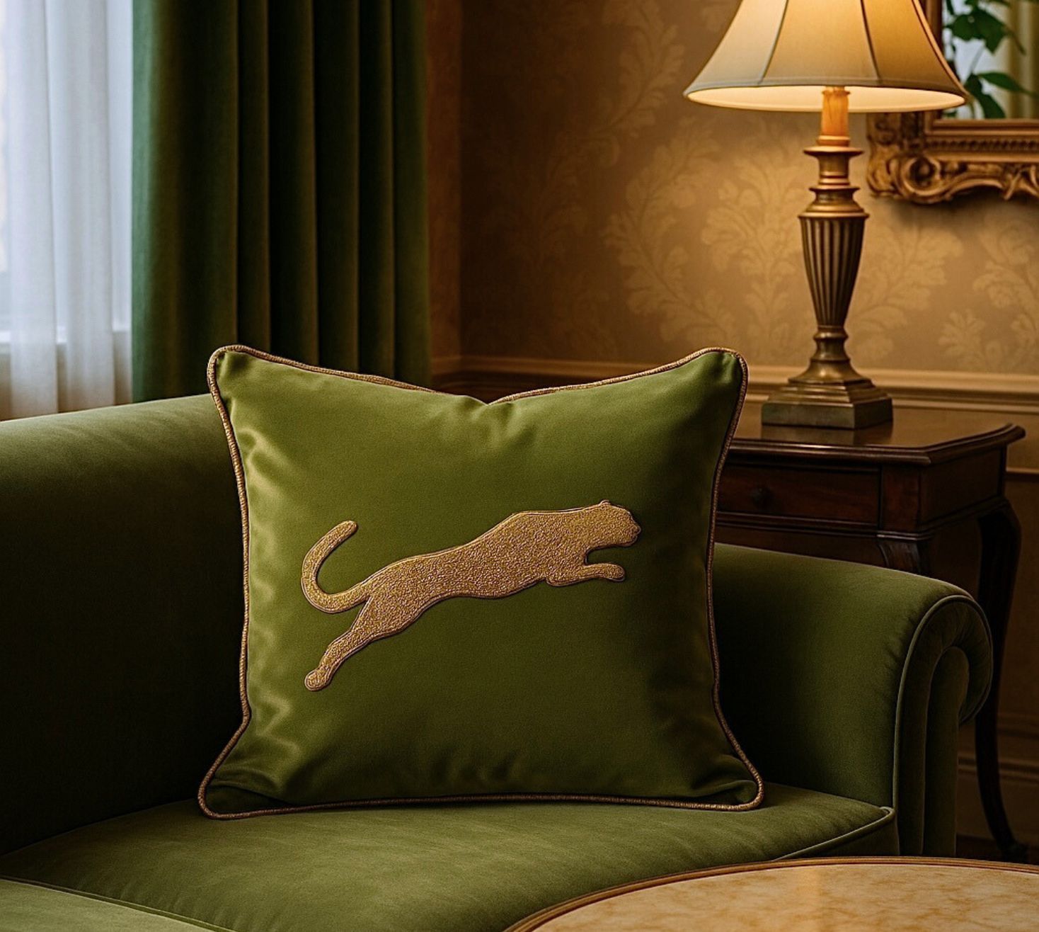 The Leopard Luxe in olive cushion cover