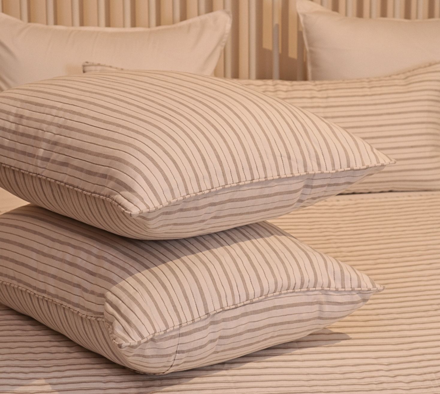 Soft Beige Striped Linen Quilted Bedspread