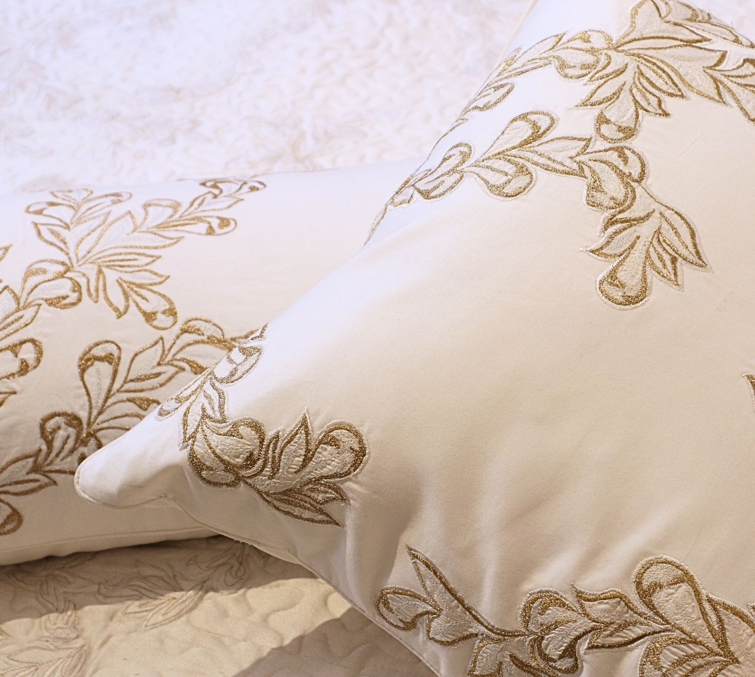 Neo classical petal gold embroidered quilted bedspread
