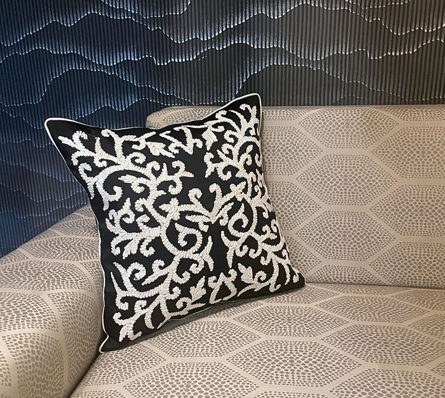 Black Raffia embroidered Cushion Cover