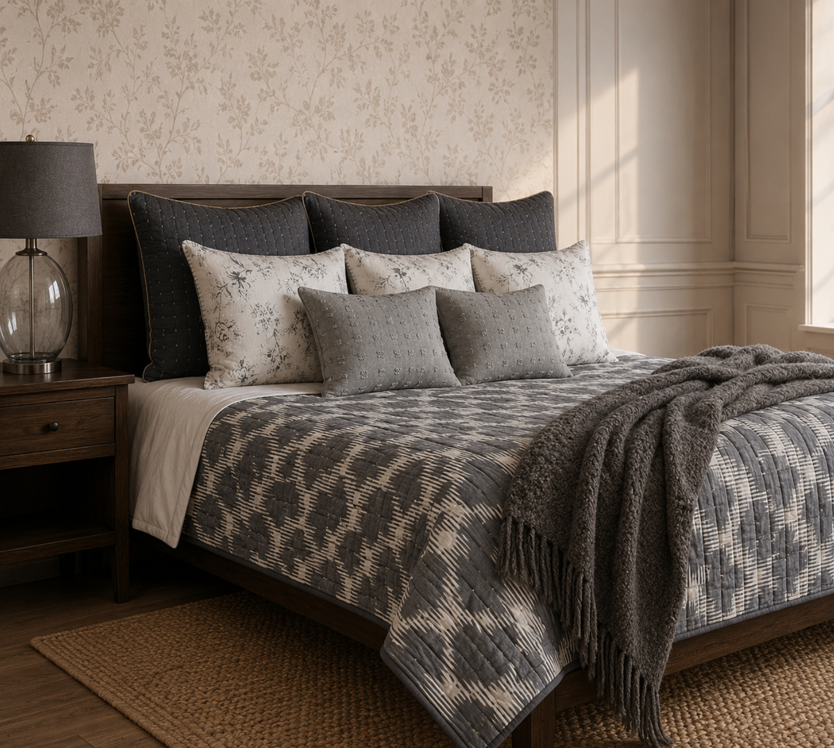 Ikat inspired printed bedpspread
