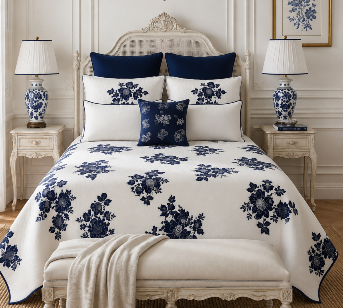 Blue meadow appliqué Quilted Bedspread