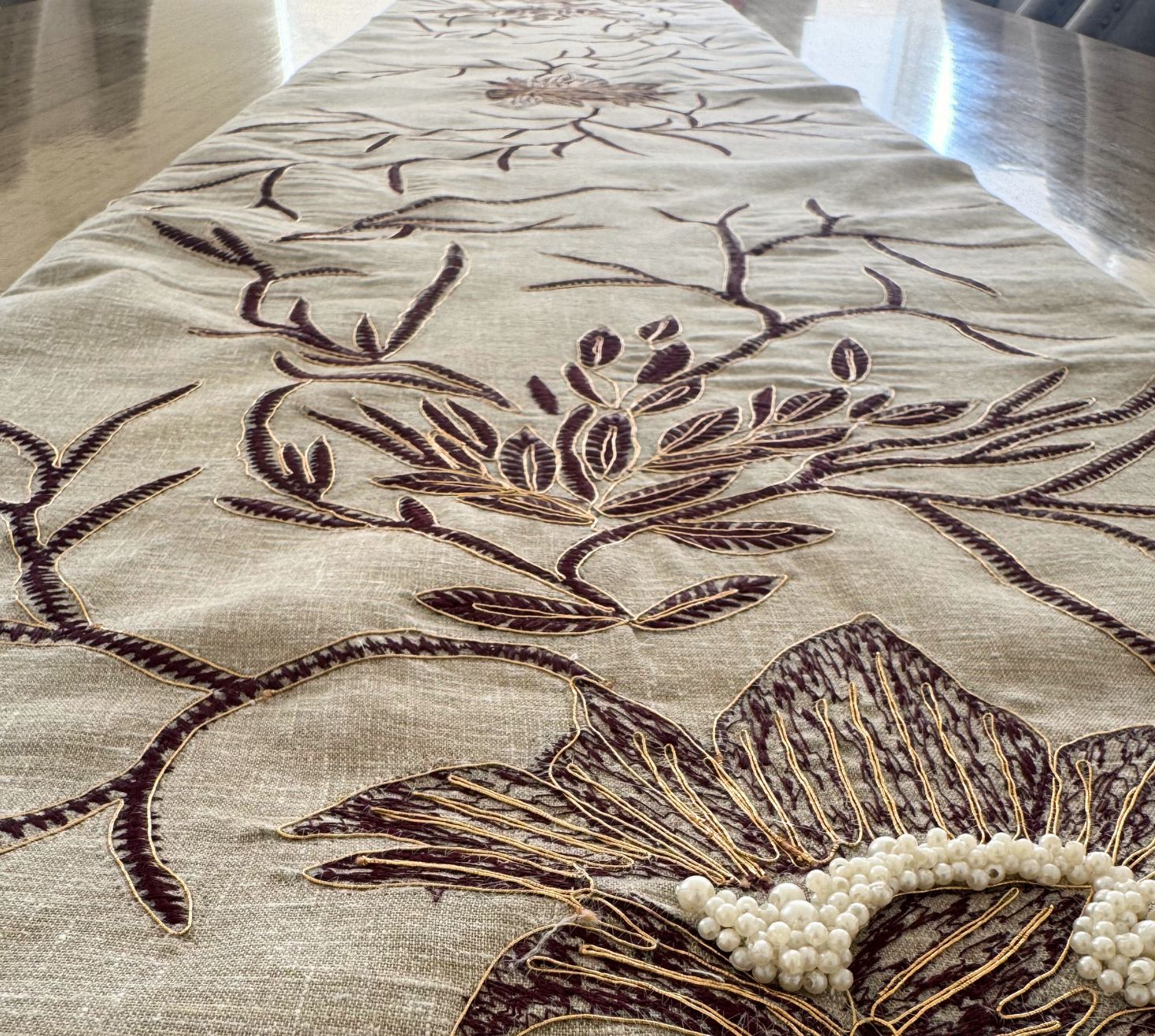 maroon leaves of tranquility table linen set