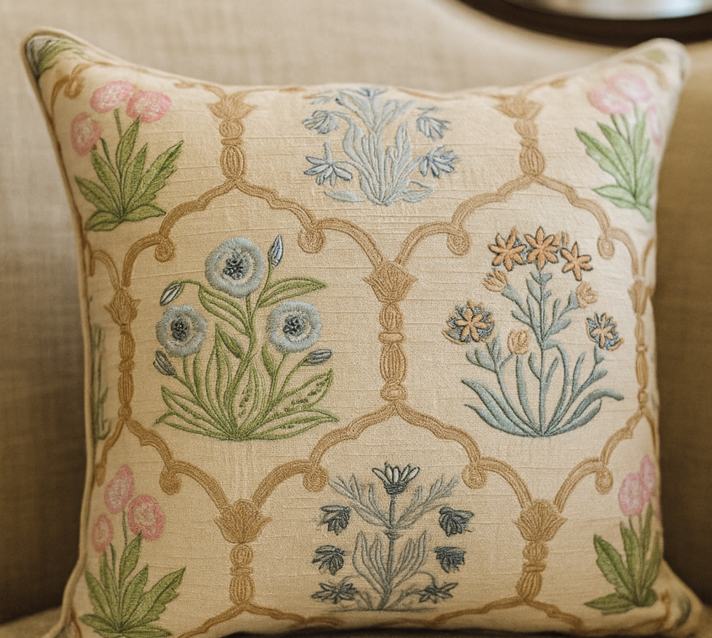 Floral tapestry on cream silk cushion cover