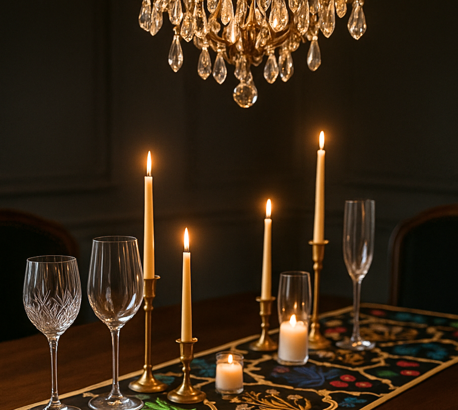 The black Regal bloom multicoloured table runner set