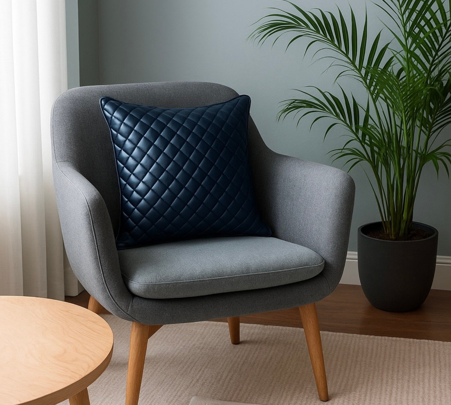 The blue leatherette cushion cover