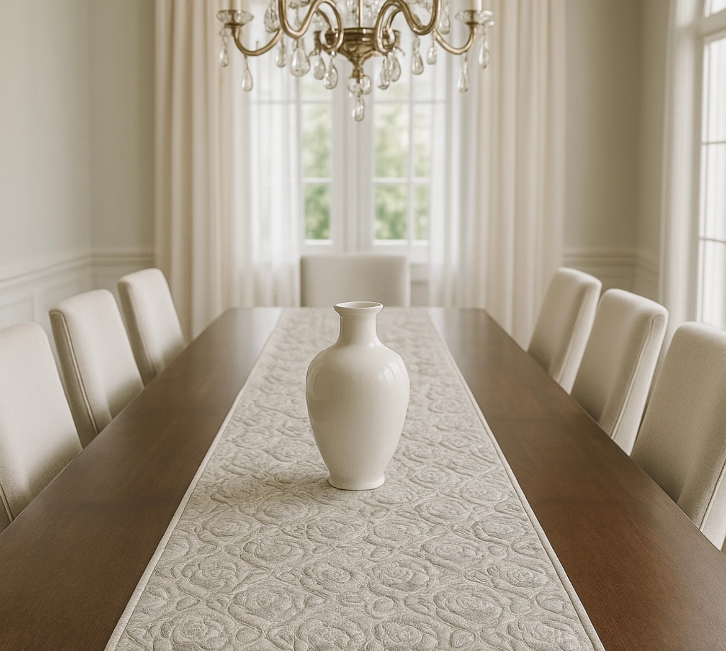 Moonlit Grace white brocade table runner