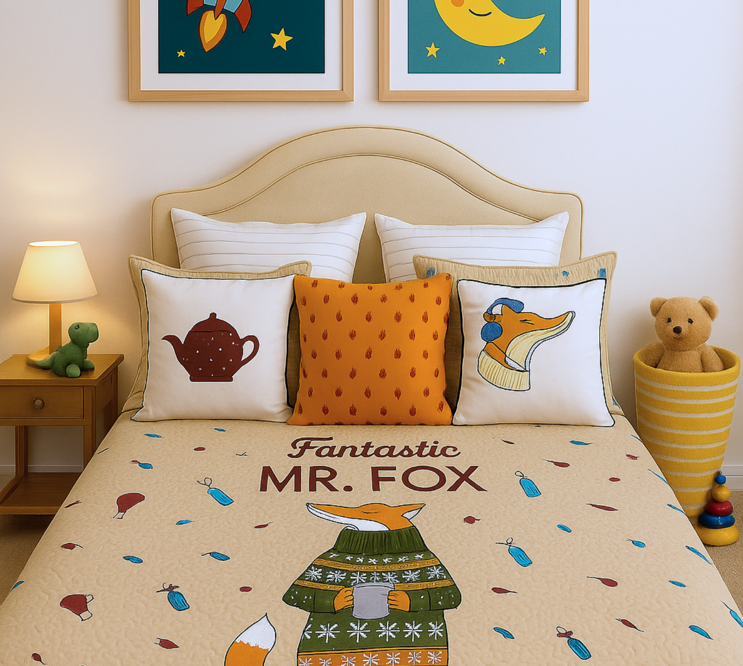 Fantastic Fox Comes To Town Quilted Bedspread