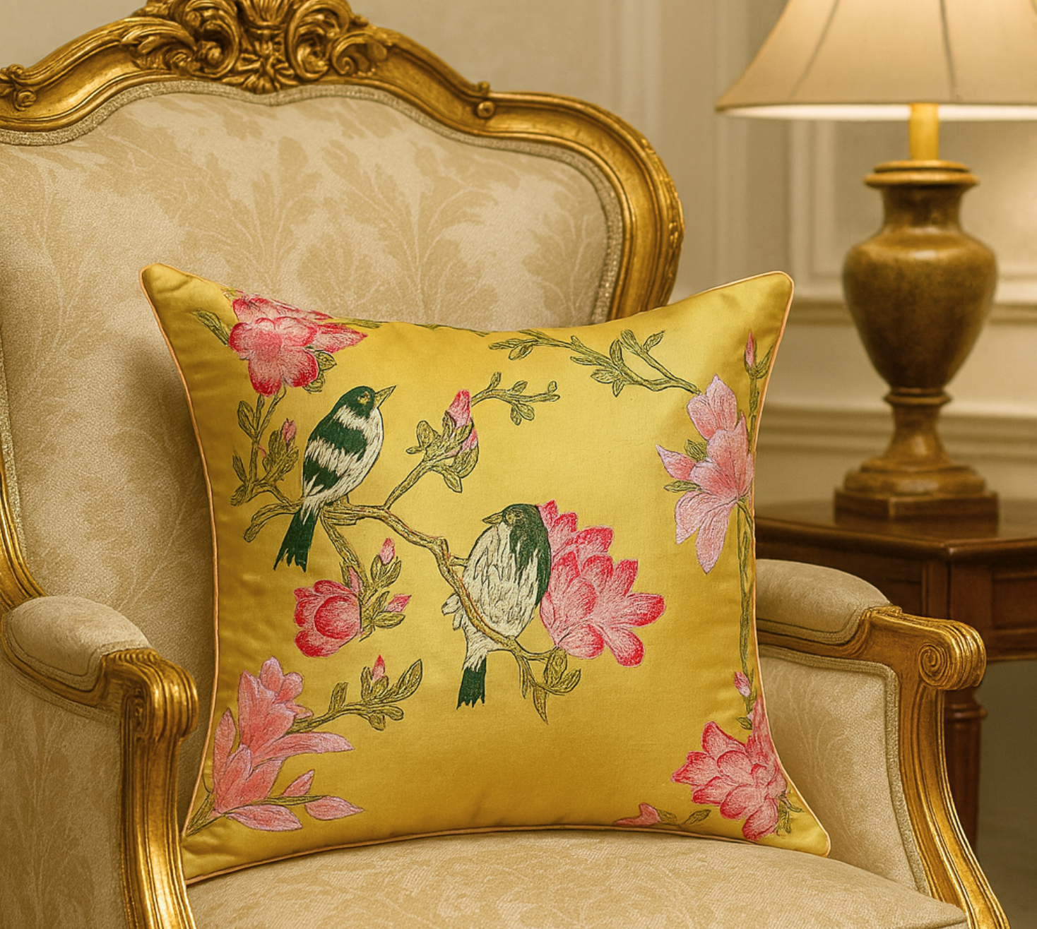 Birdsong perch silk cushion cover