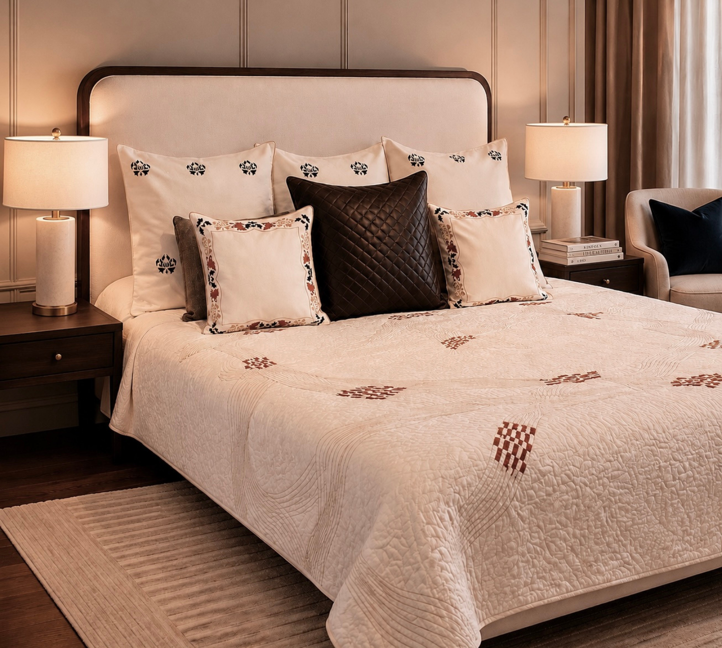 Treasured Hues of White and brown Quilted Bedspread
