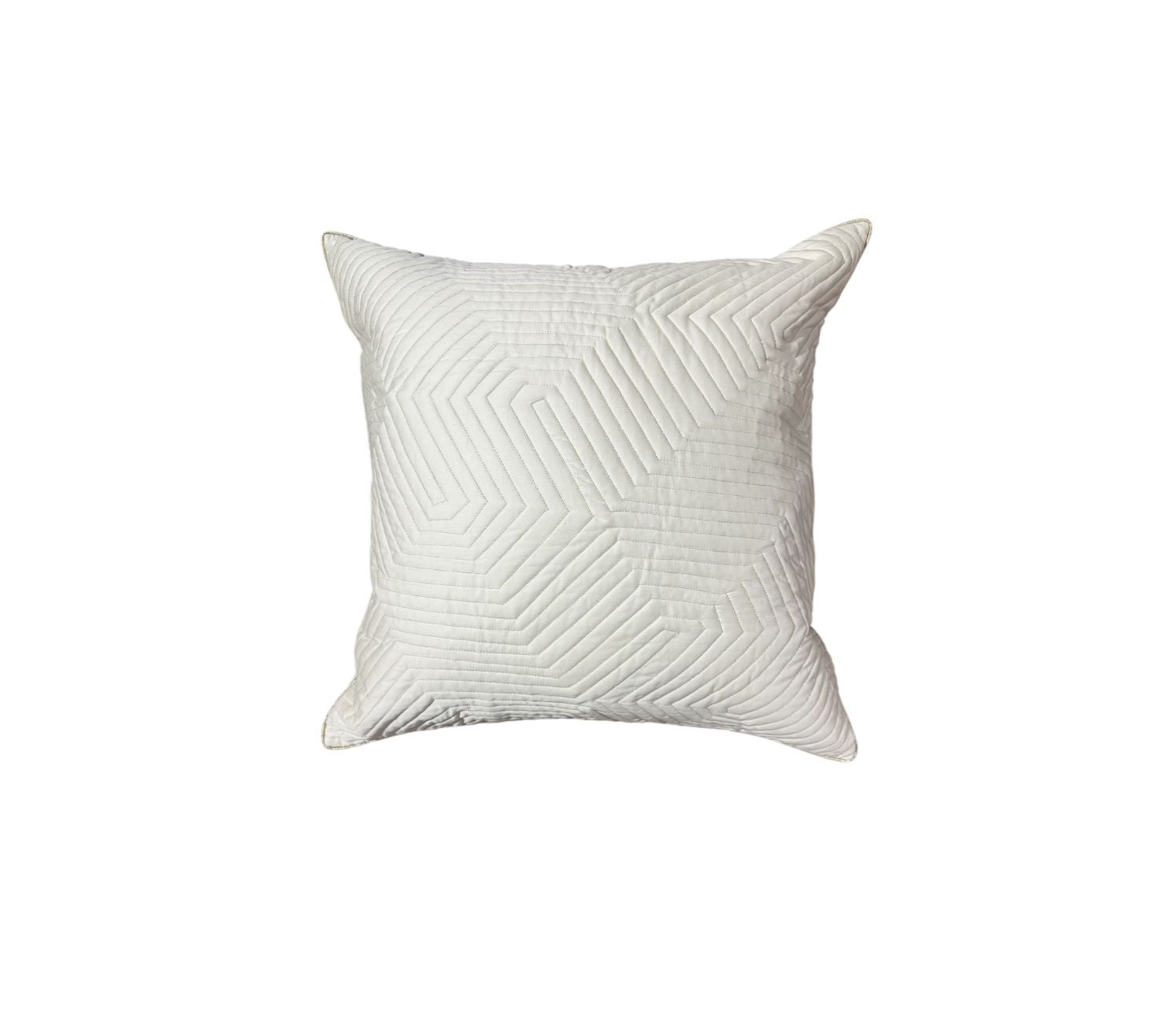 Luminous white quilted cushion cover with beaten gold accents.