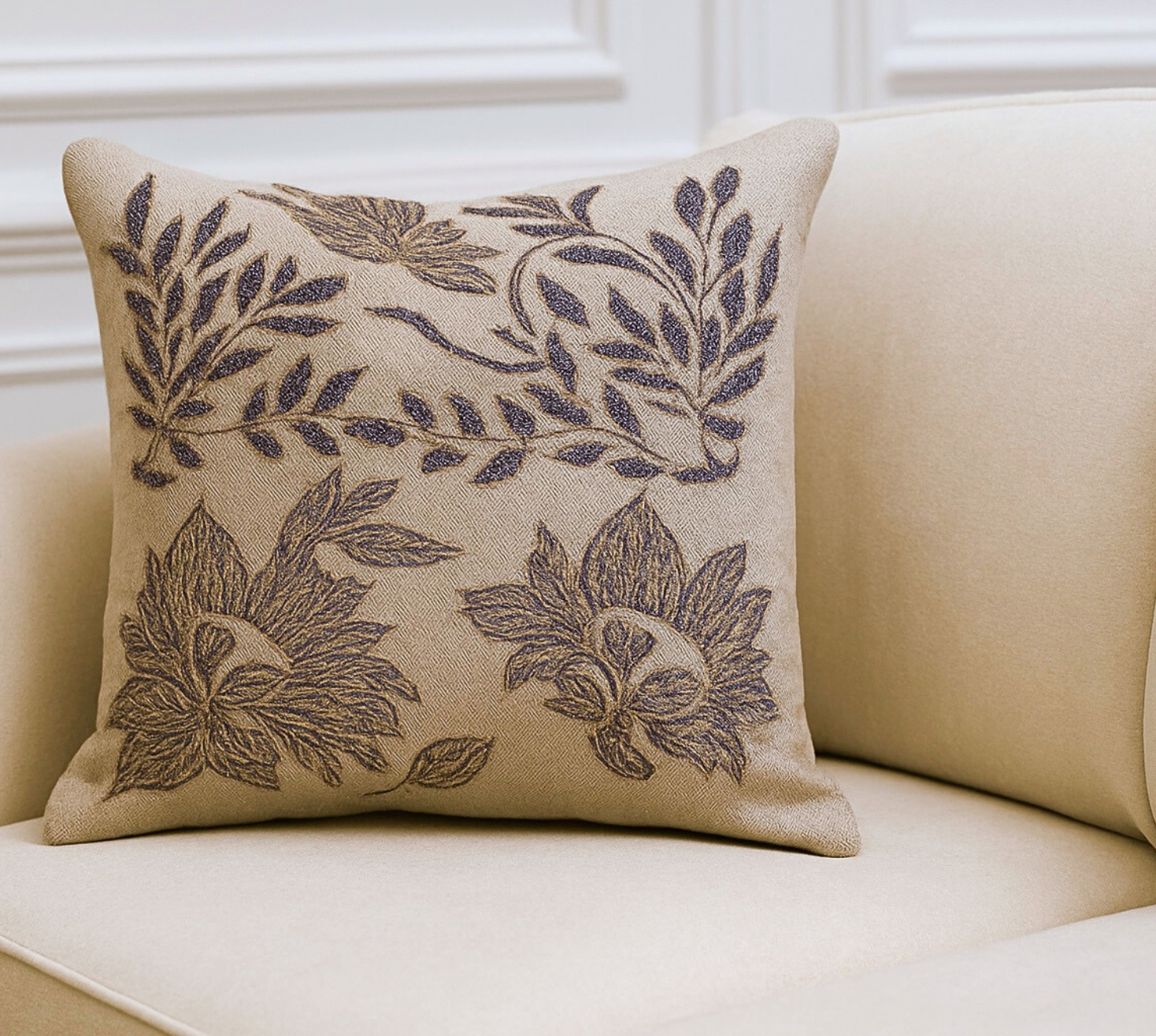 Regal Floral leaf embroidered linen cushion cover