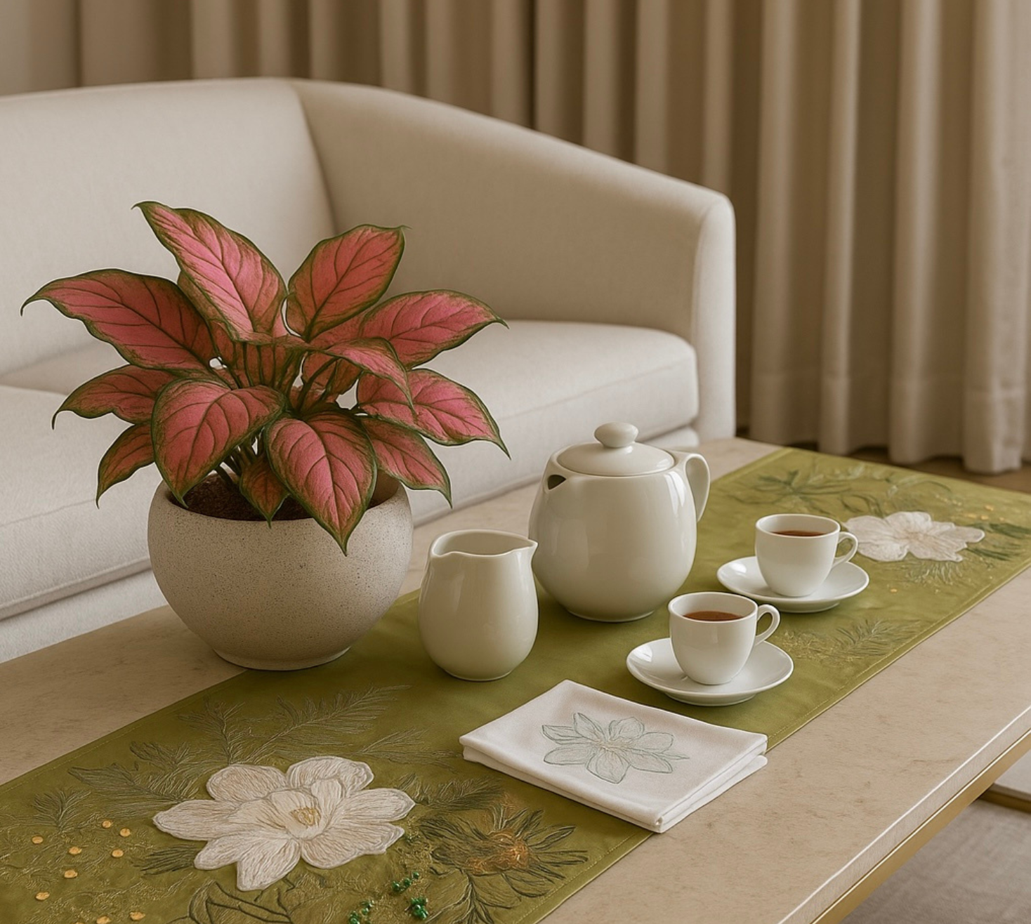 Olive Floral Dynasty Table Runner Set