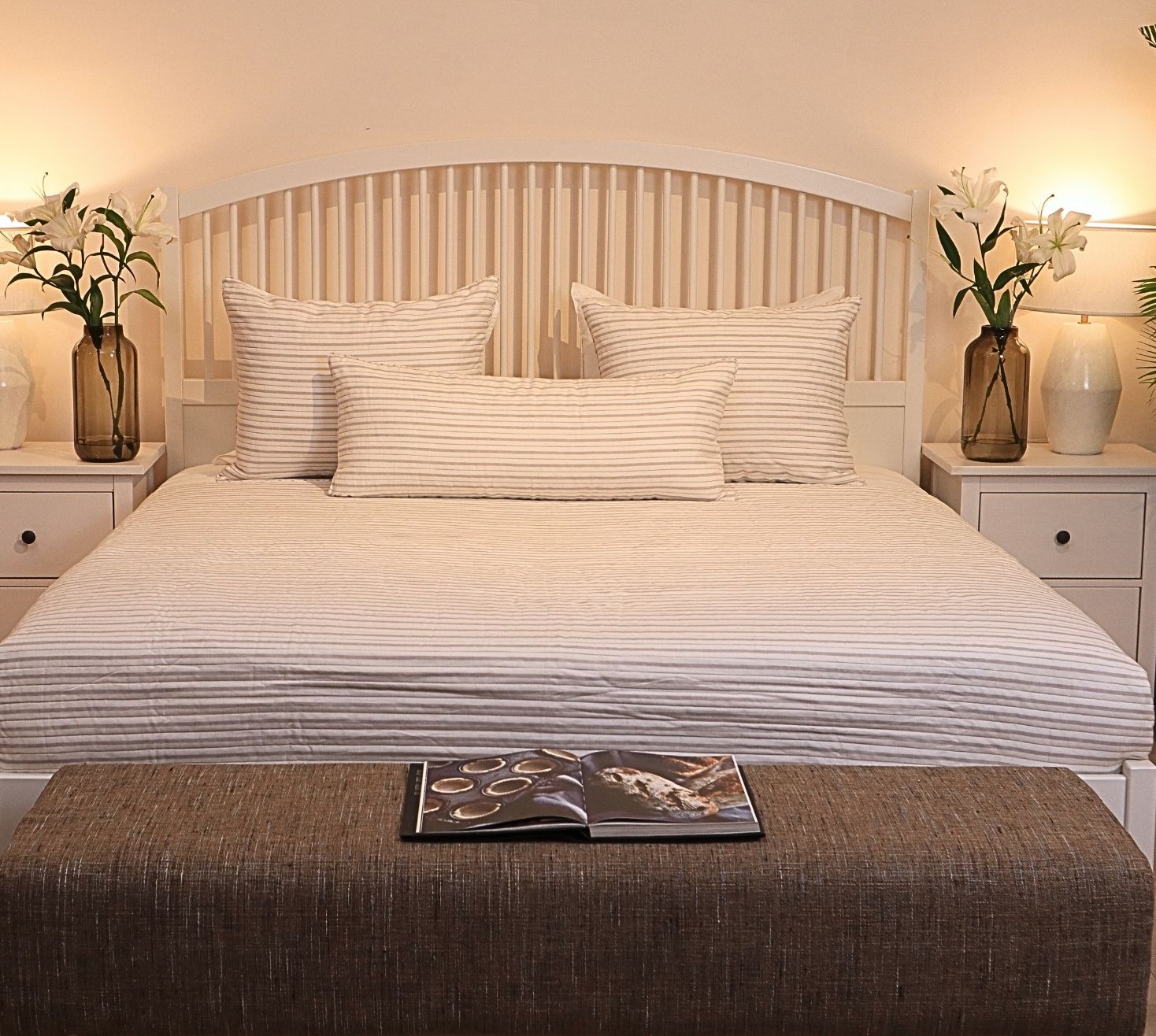 Soft Beige Striped Linen Quilted Bedspread