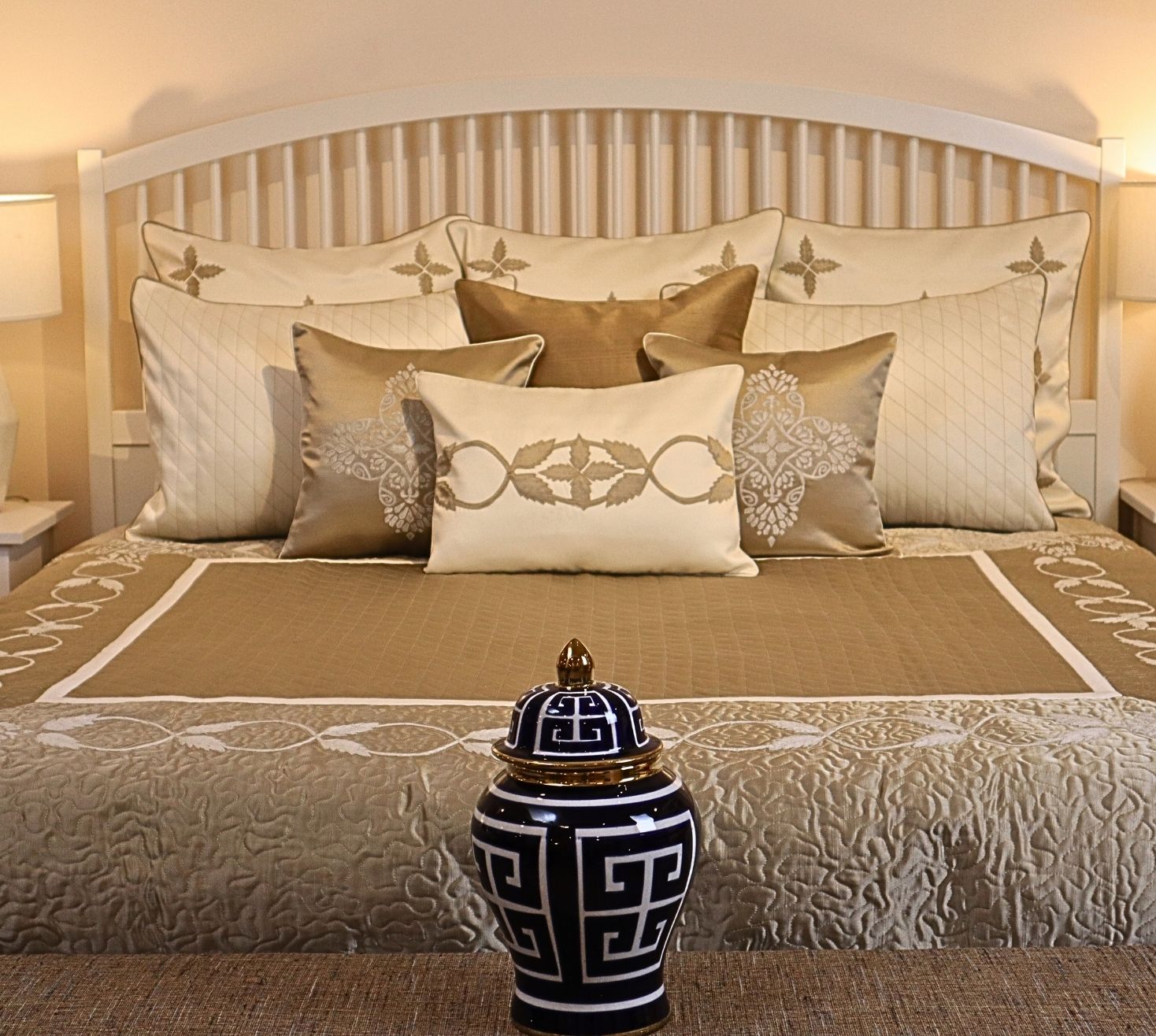 Fern patterned golden thread work quilted bedspread