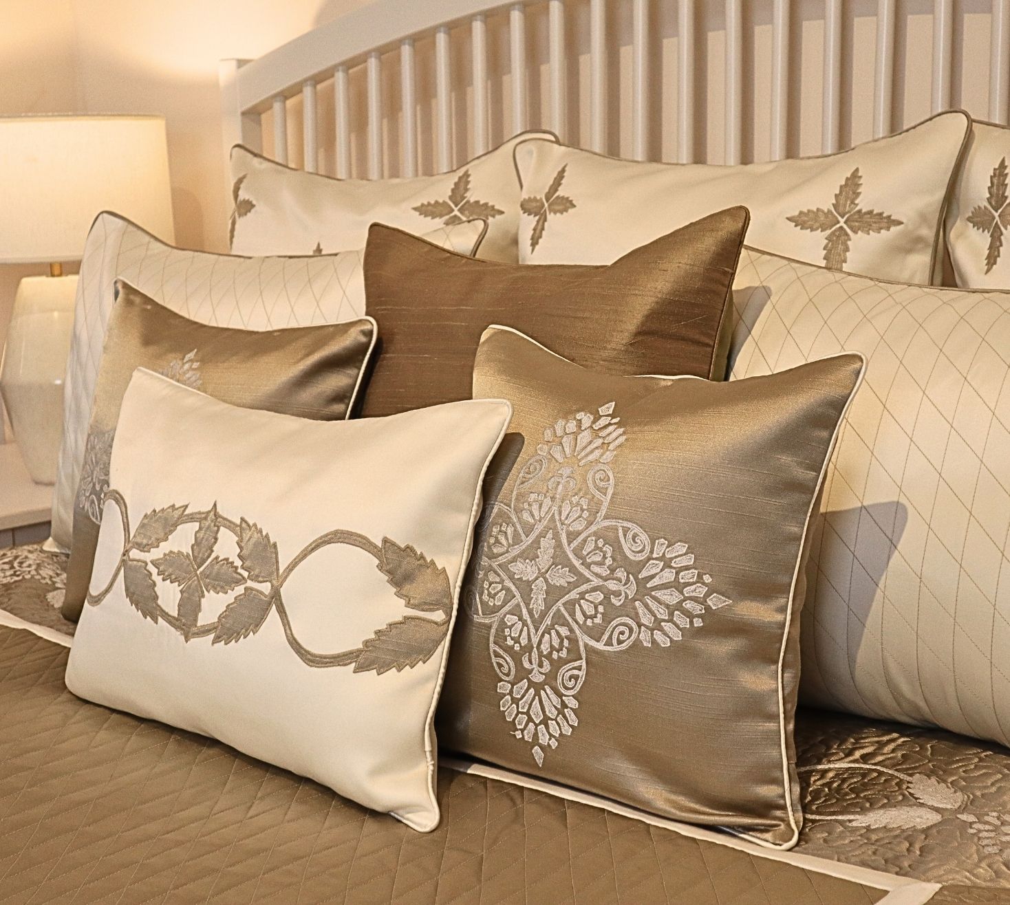 Fern patterned golden thread work quilted bedspread