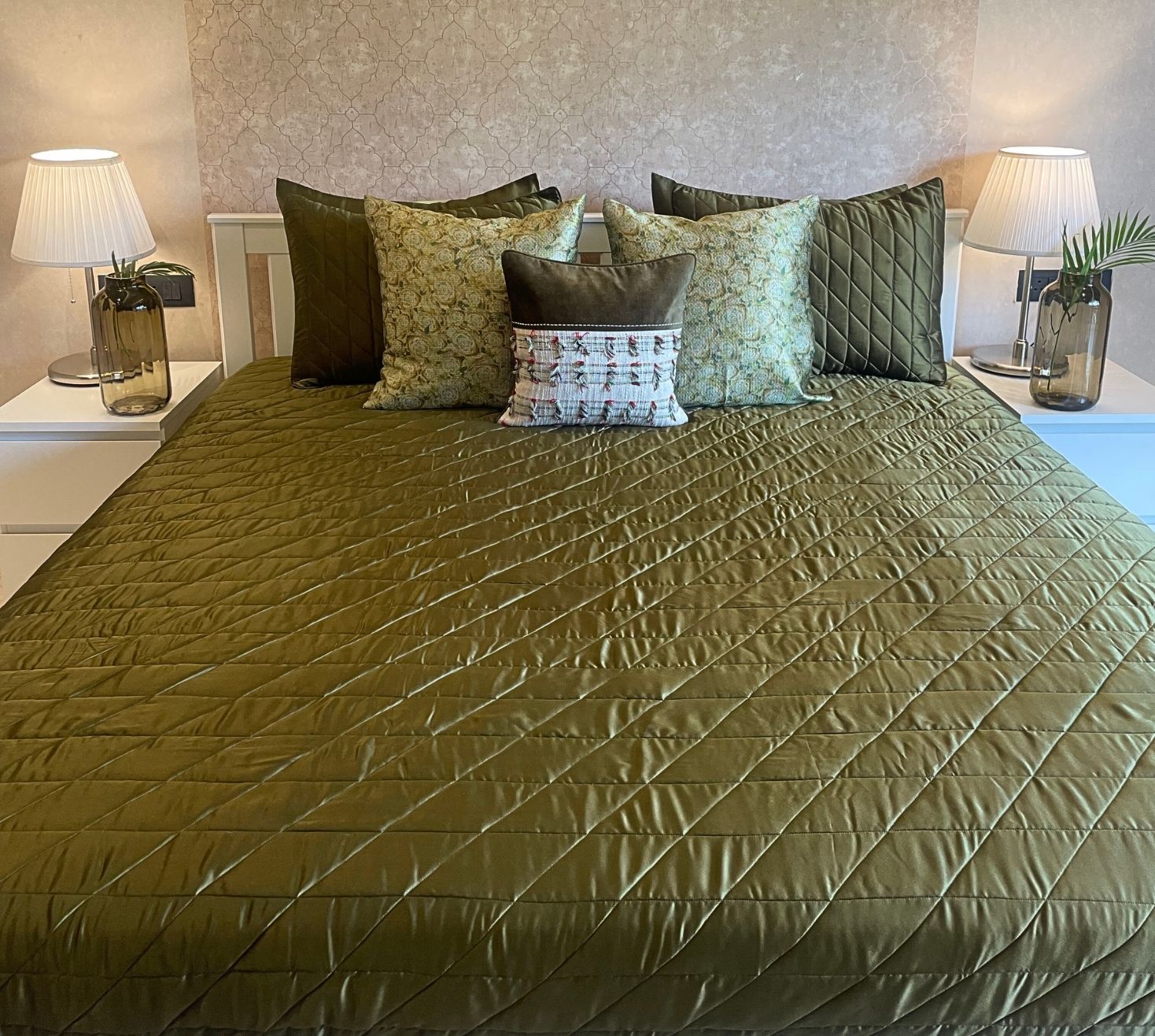 Golden Olive Rhombus Quilted Bedspread