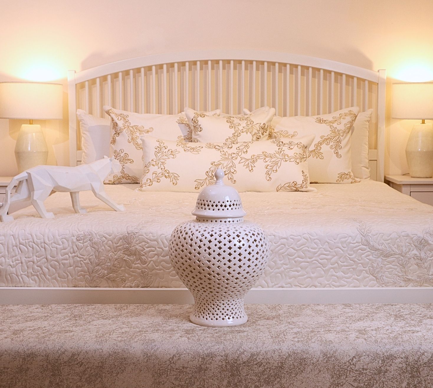 Neo classical petal gold embroidered quilted bedspread