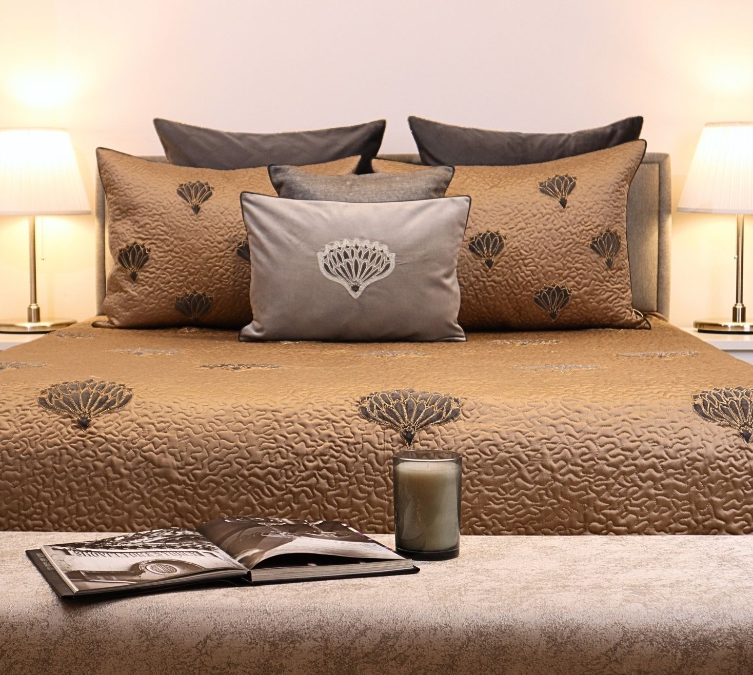 Gold and grey lotus velvet patchwork quilted bedspread