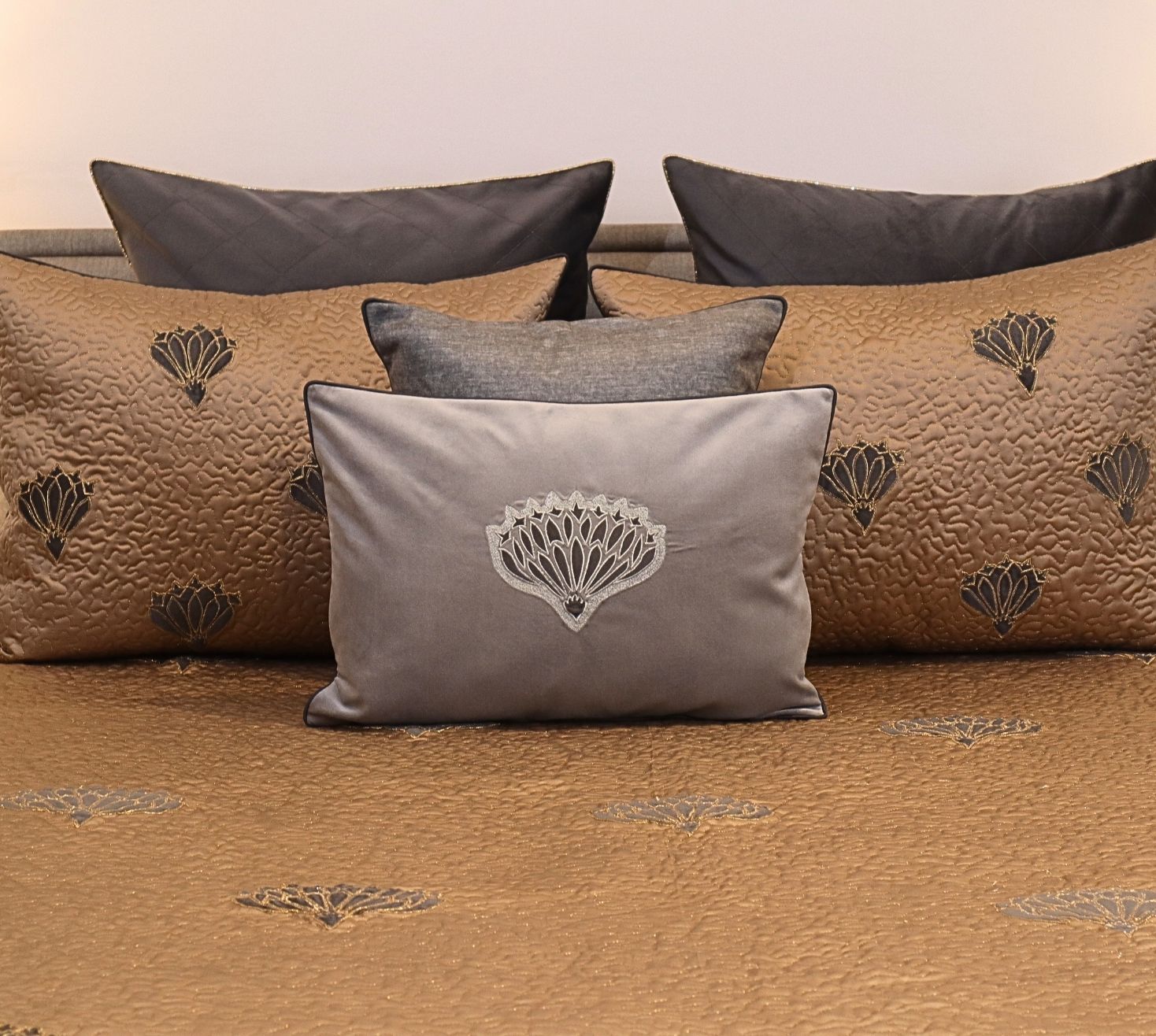 Gold and grey lotus velvet patchwork quilted bedspread