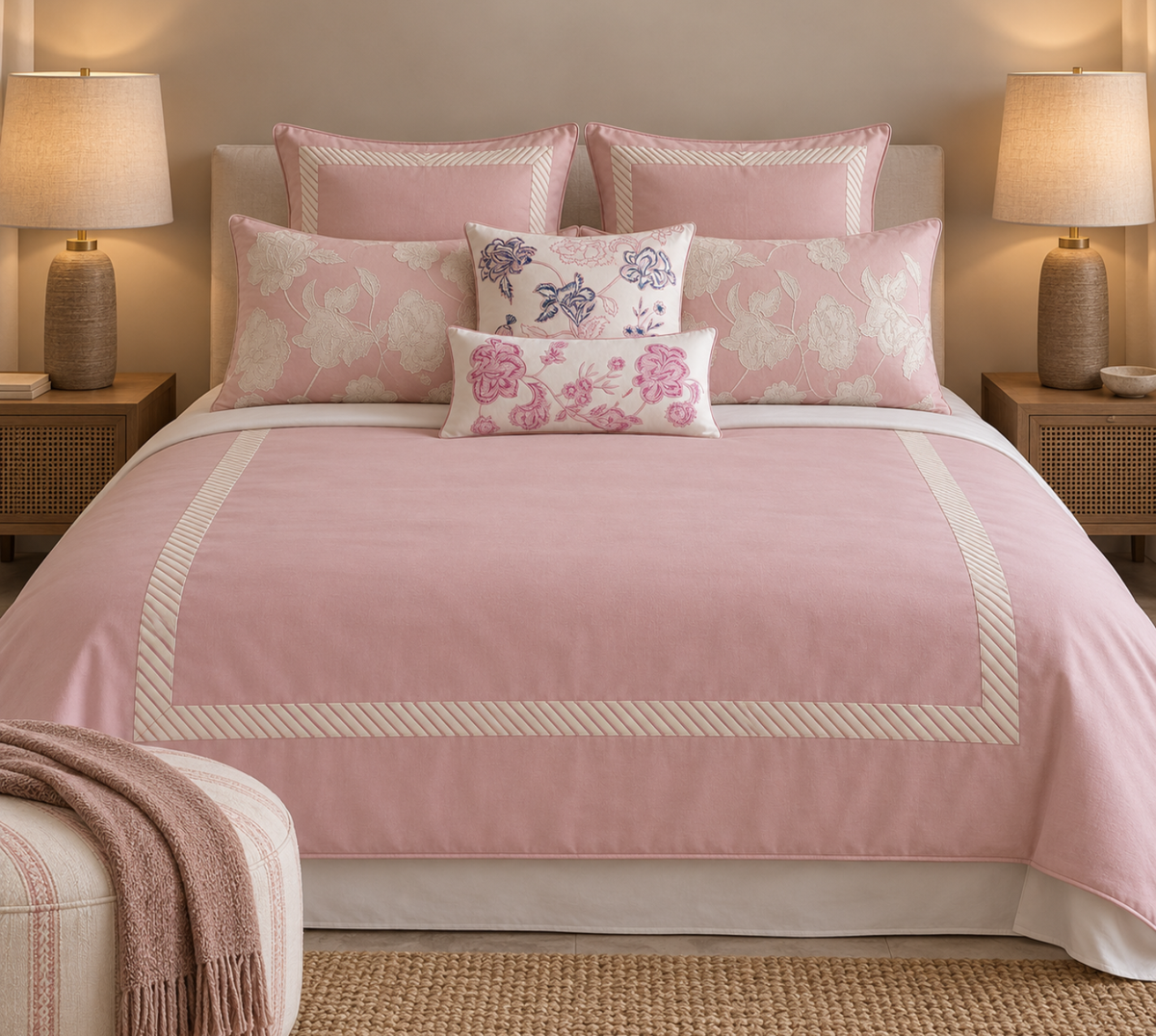 Oyster pink and white floral embroidered duvet cover