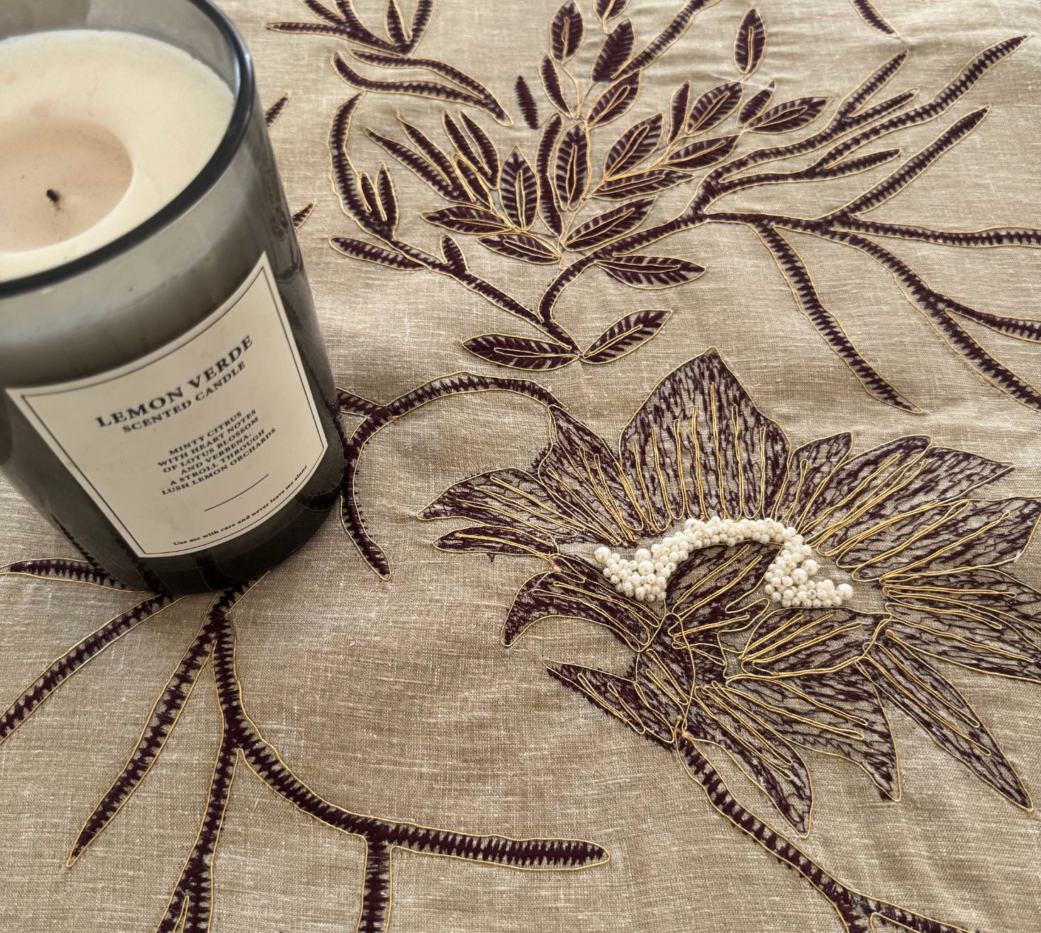 maroon leaves of  tranquility table linen set