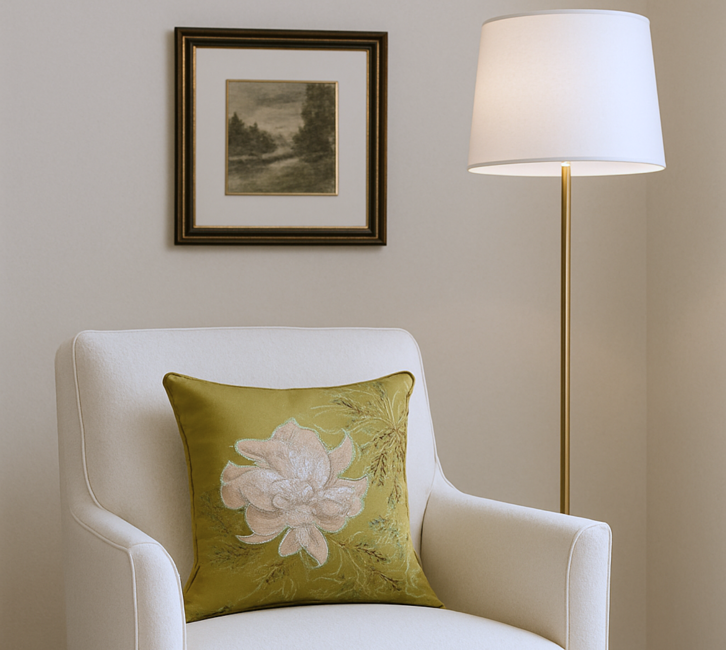 Opulent olive floral embroidered satin cushion cover