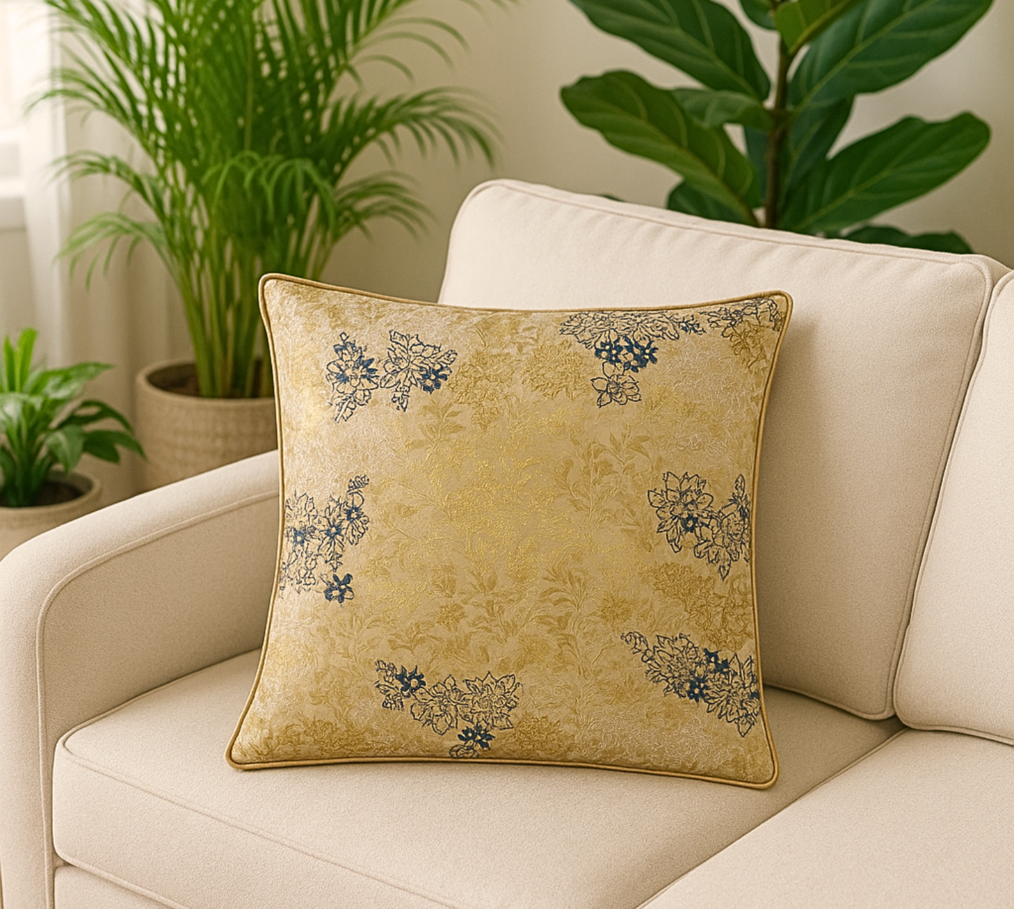 Midnight garden on gold cushion cover