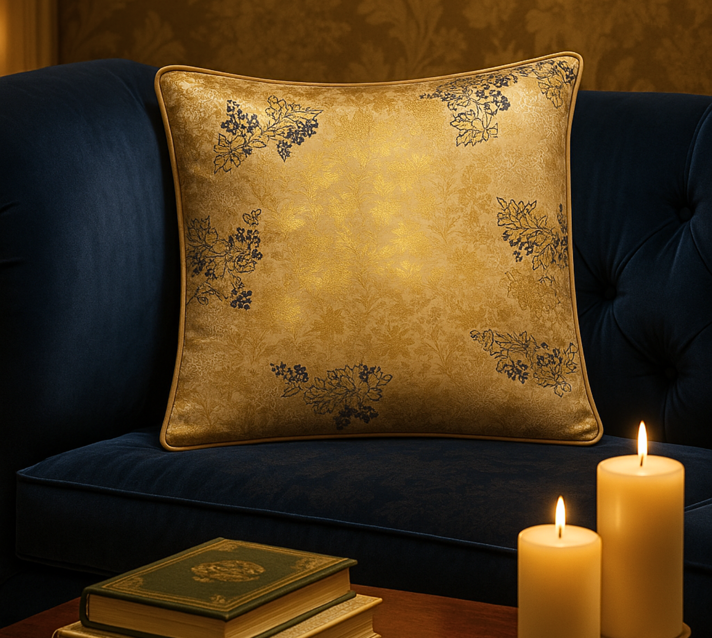 Midnight garden on gold cushion cover