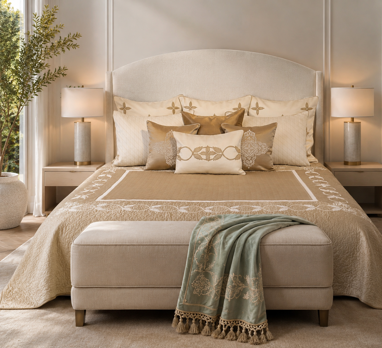 Fern patterned golden thread work quilted bedspread