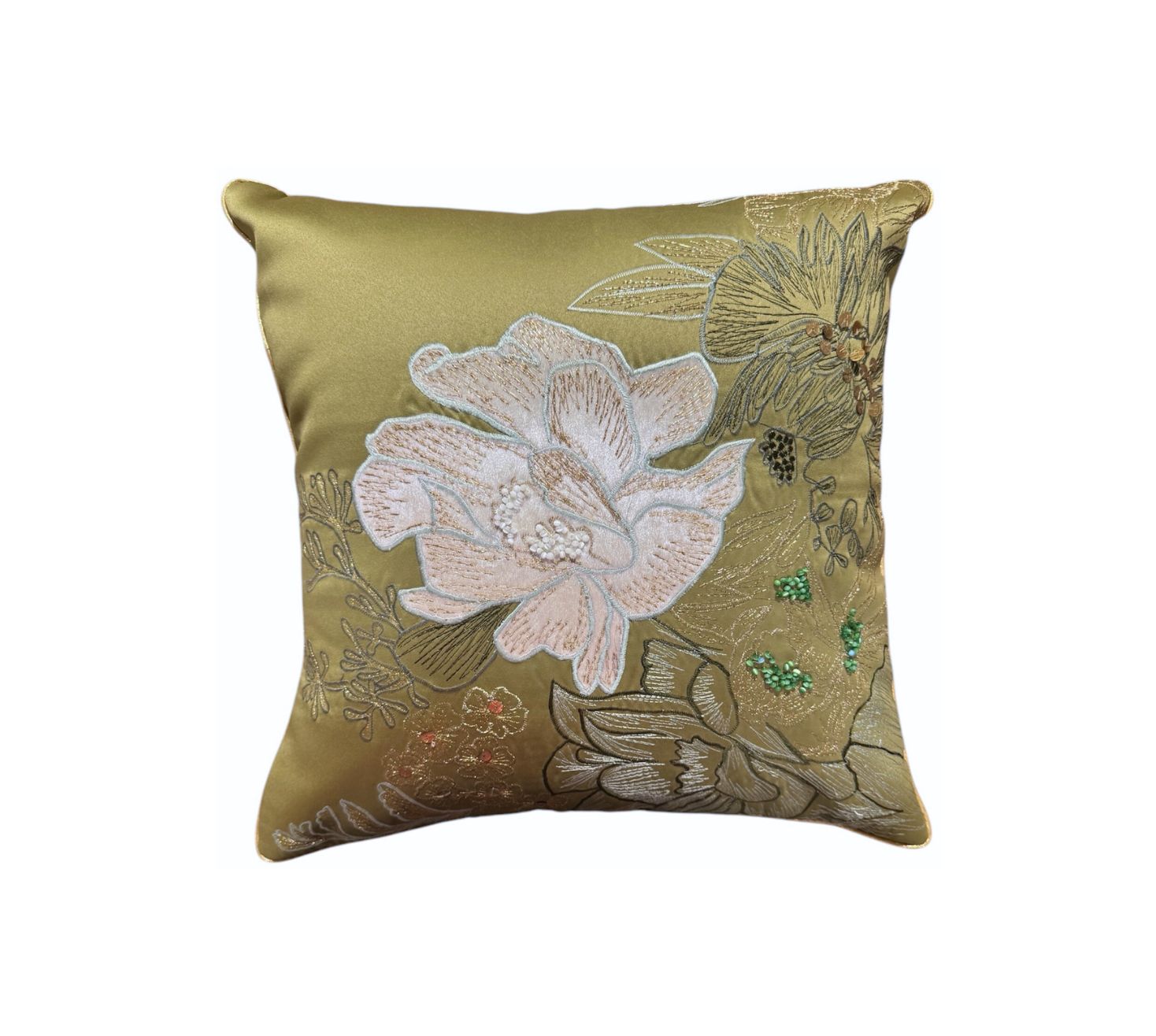Opulent olive floral embroidered satin cushion cover