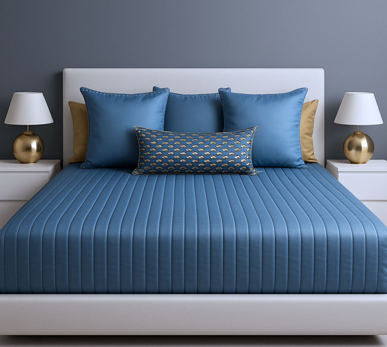Linear quilted blue and gold satin bedspread