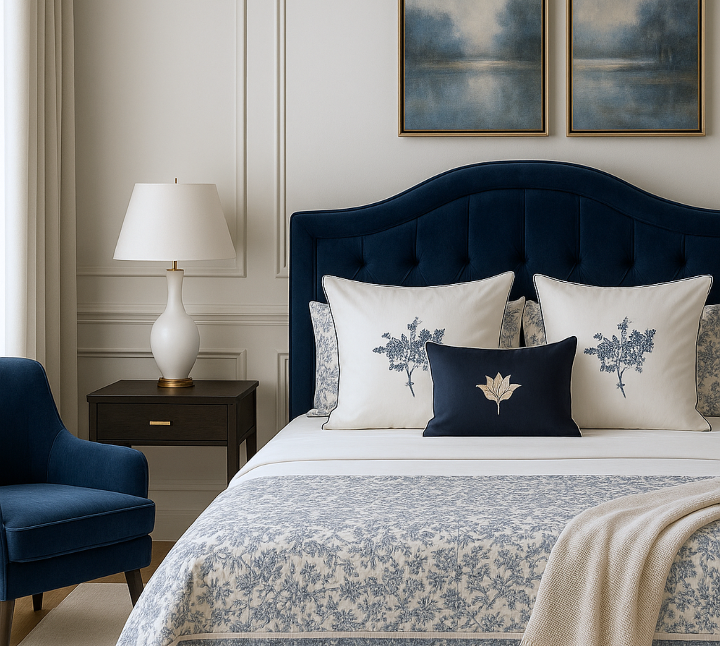 Quiet blue floral  linen quilted bed spread