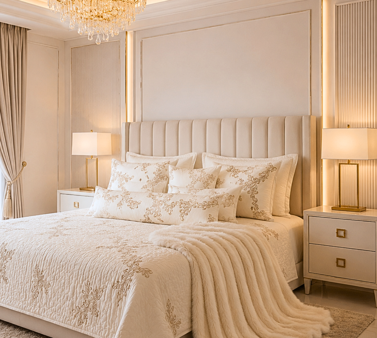 Neo classical petal gold embroidered quilted bedspread