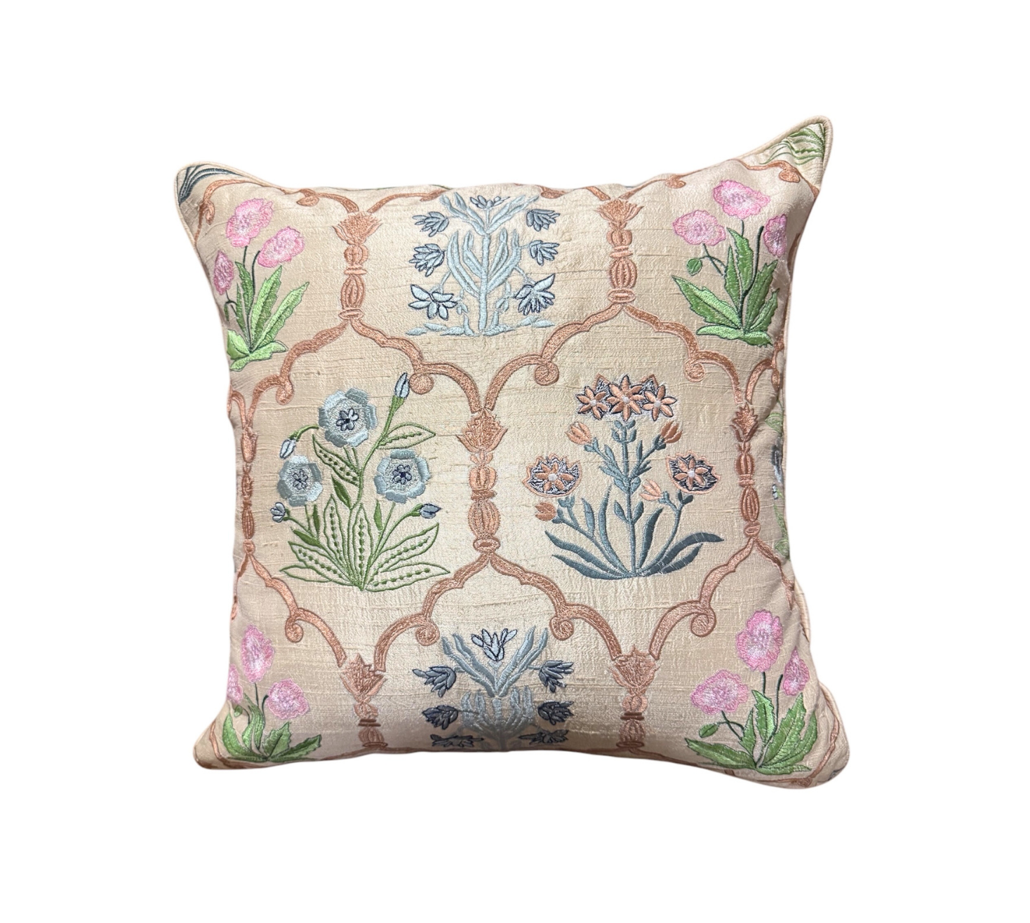 Floral tapestry on cream silk cushion cover